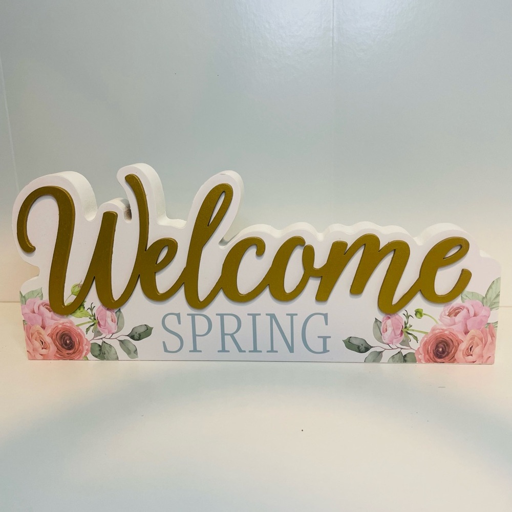 Gold and Pink Floral Spring Welcome Sign, Tabletop Decor, Shelf Decor - Picture 1 of 4